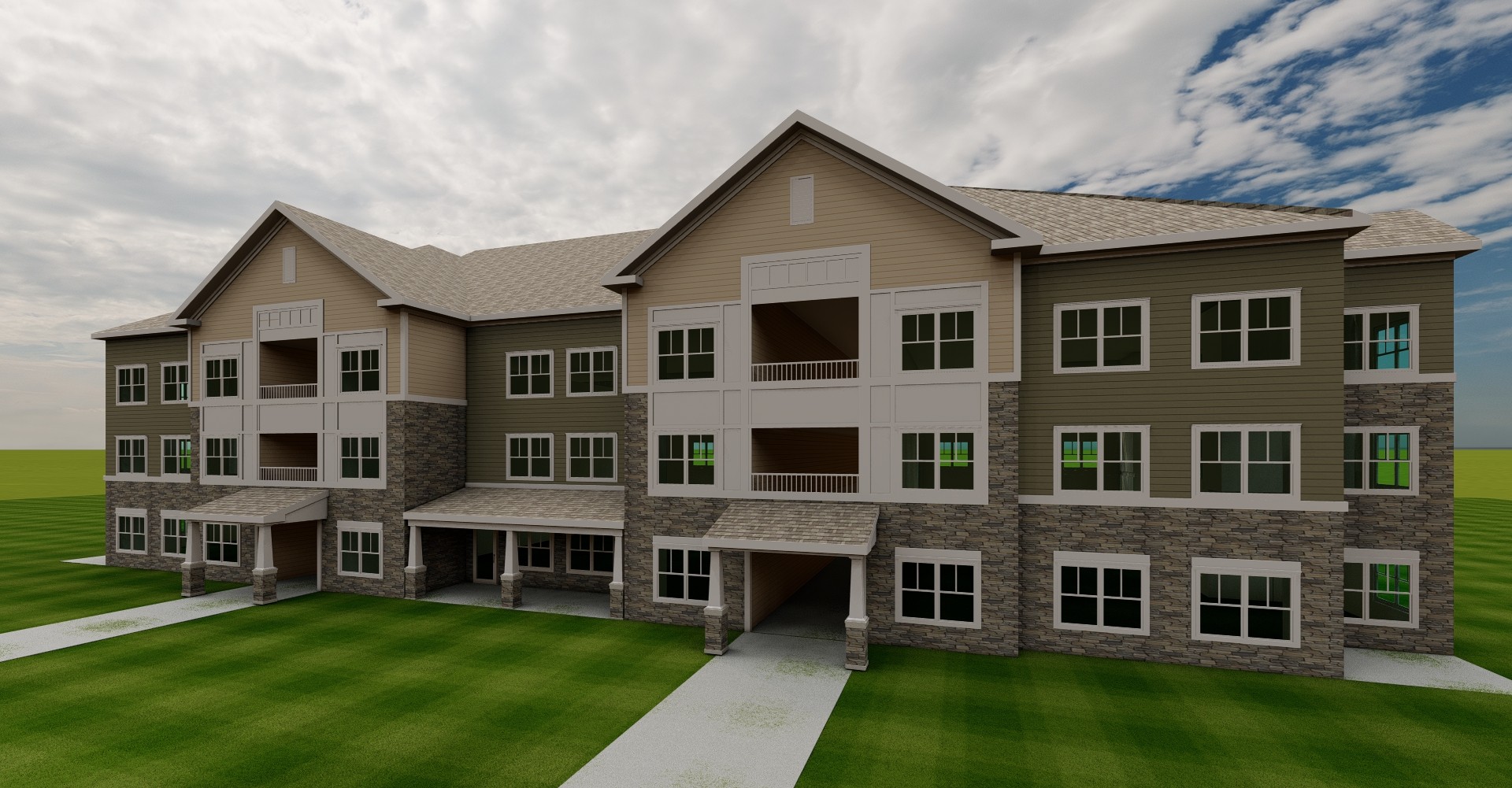 A large, modern building with a stone facade and multiple balconies.